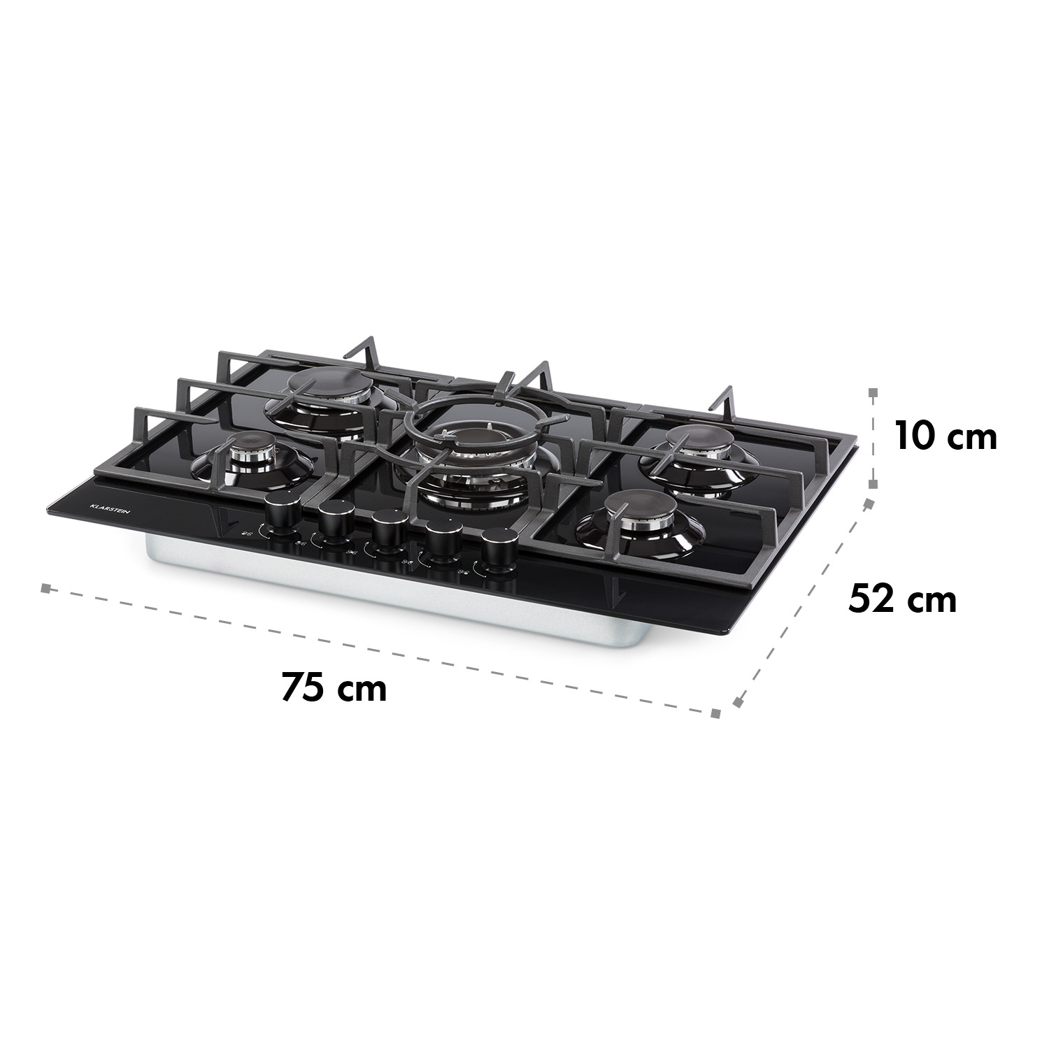 Un piano cottura a gas nero con dettagli argentati. Dimensioni: 75 cm di lunghezza, 52 cm di larghezza e 10 cm di altezza. Il marchio è Klarstein.