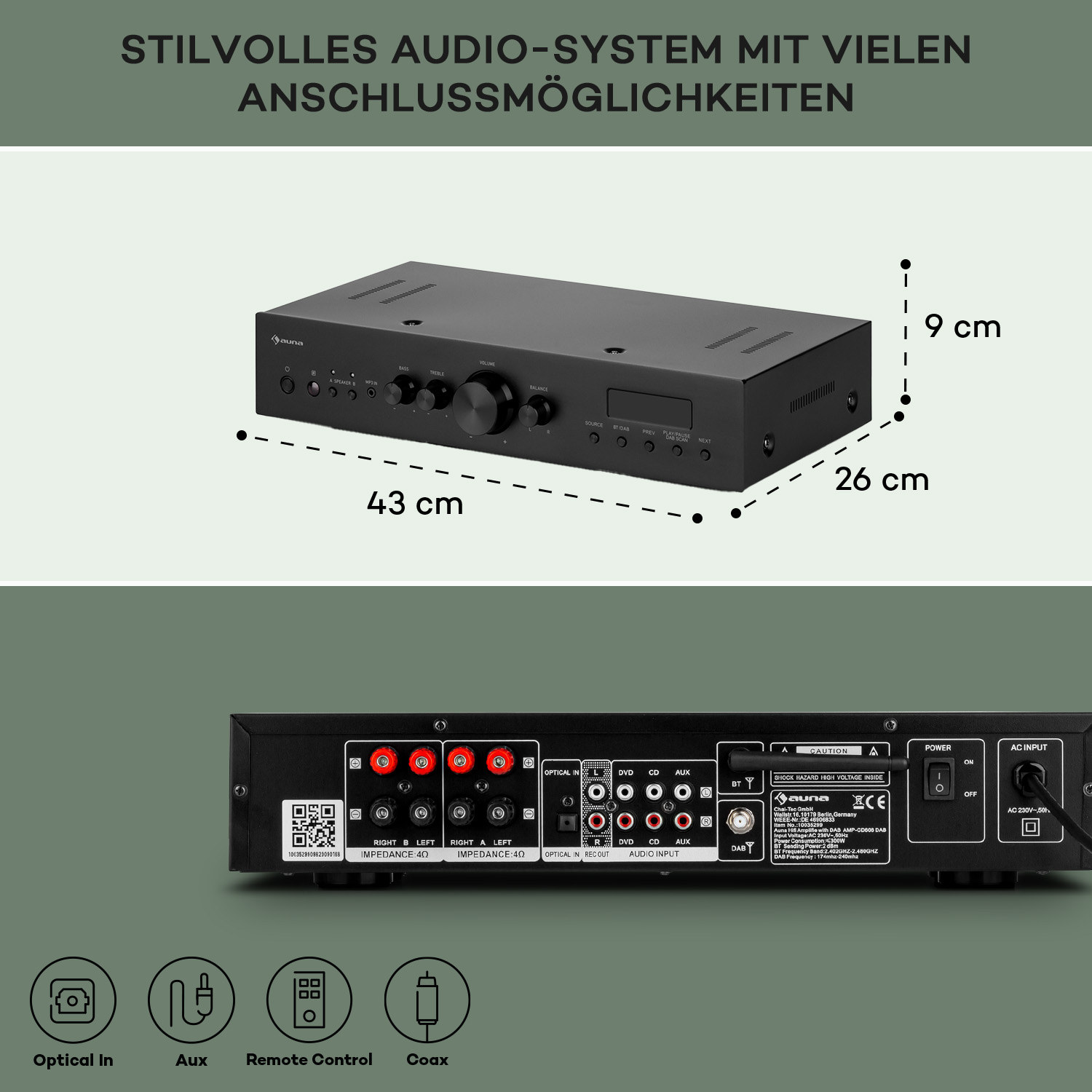 Schwarzes Audiosystem mit Knöpfen und Tasten, beschriftet mit 'auna'. Abmessungen sind angegeben. Rückseite zeigt Ein- und Ausgänge.