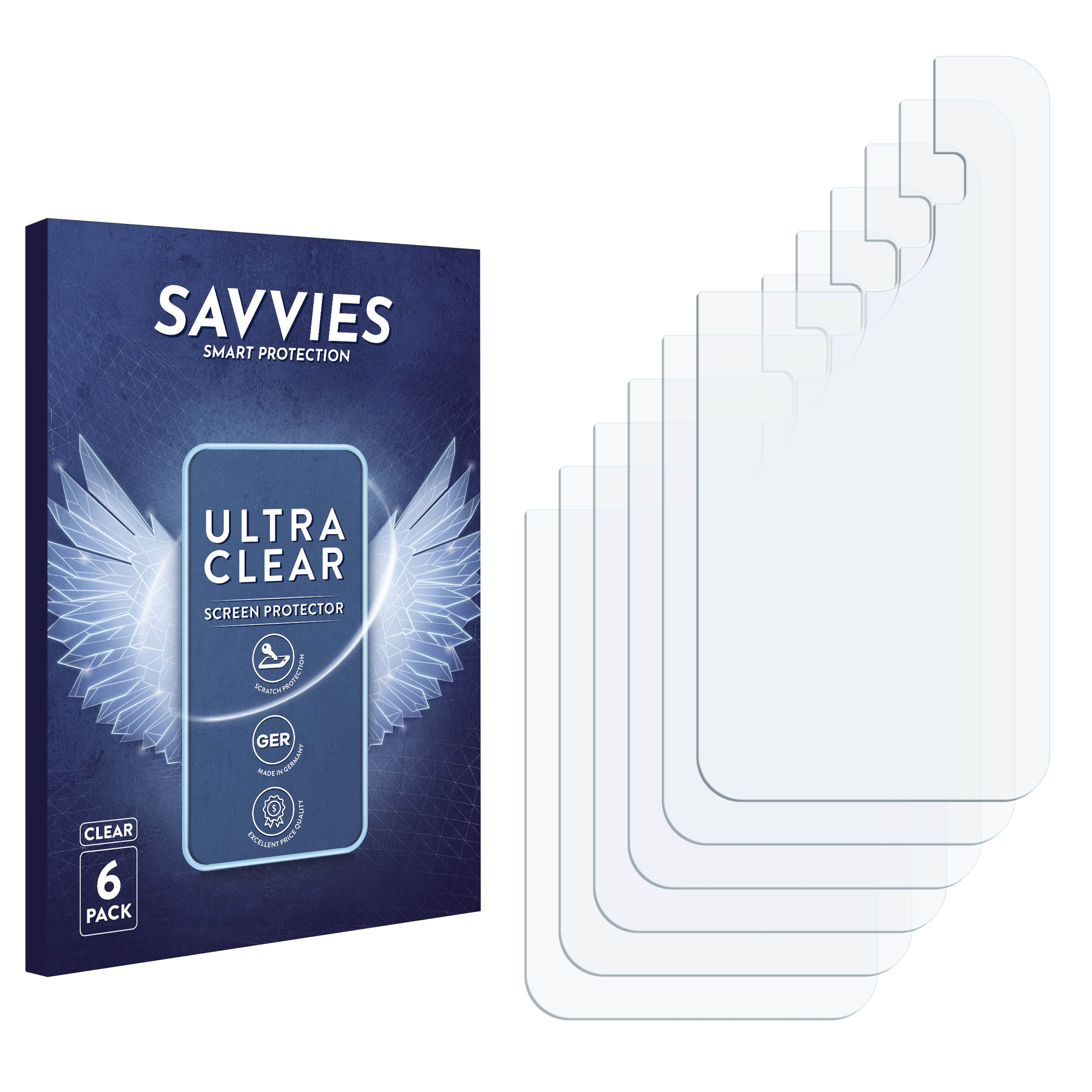 Eine Schachtel mit Savvies-Displayschutzfolien. Sechs klare Schutzfolien befinden sich rechts. Die Box ist blau und weiß.