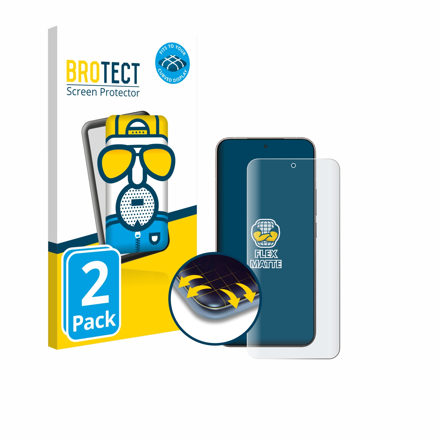 Eine Displayschutzfolienpackung mit einem Telefon, einer Displayschutzfolie und einer Cartoonfigur auf der Schachtel. Es hat ein '2er Pack' Etikett.