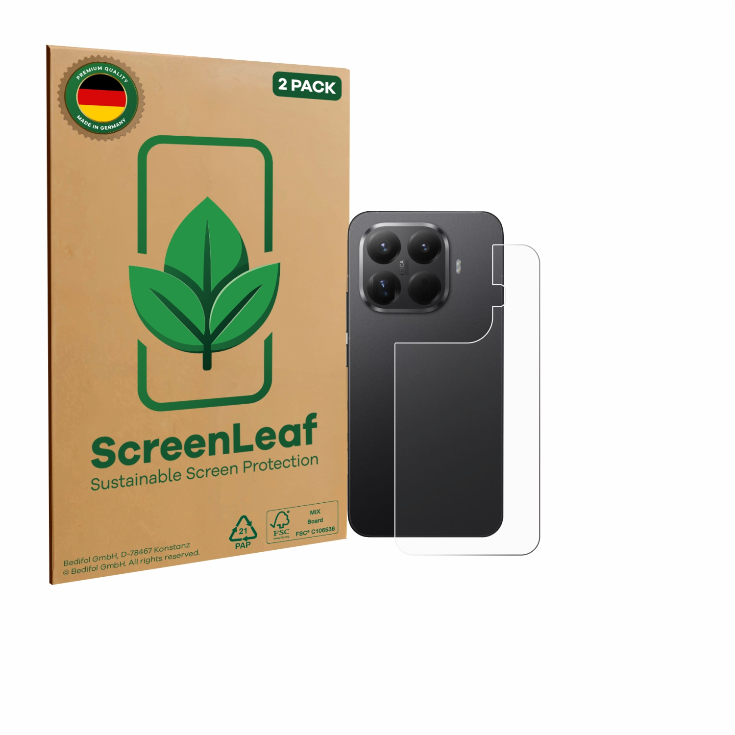 Ein Telefon und eine Displayschutzfolie neben einer Displayschutzfolienbox. Auf der Box steht ScreenLeaf und sie hat ein Blattdesign.
