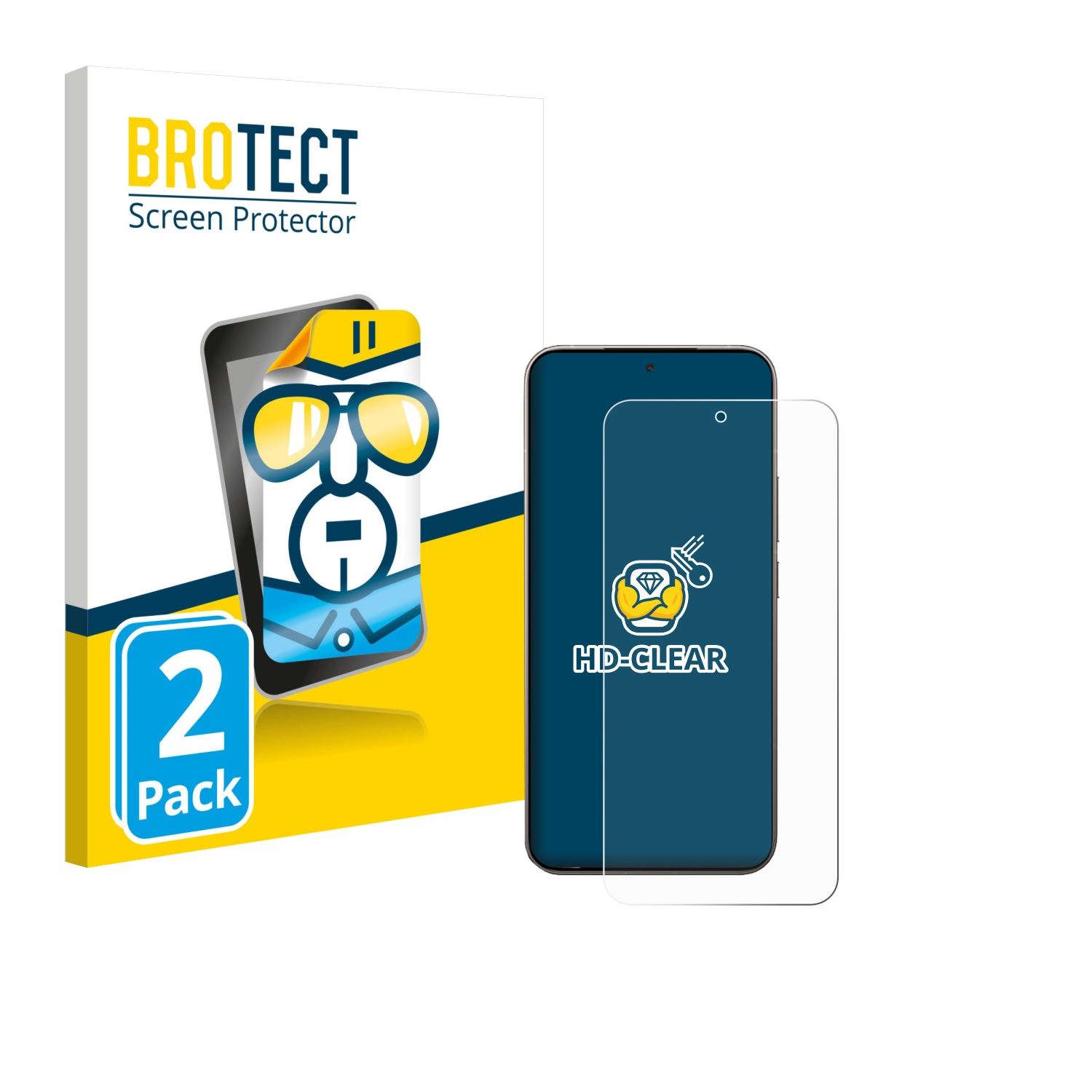 Bild einer Displayschutzfolienbox, eines Telefons und einer Displayschutzfolie. Auf der Box steht 'BROTECT Screen Protector' und '2er-Pack'.