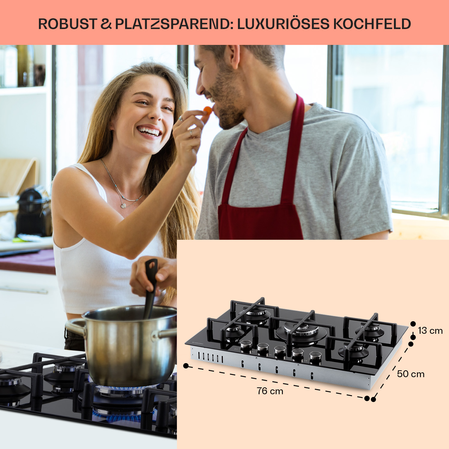 Una pareja en la cocina, la mujer alimenta al hombre con un tomate. Una estufa de gas en primer plano. El texto dice Robusto y ahorrador.