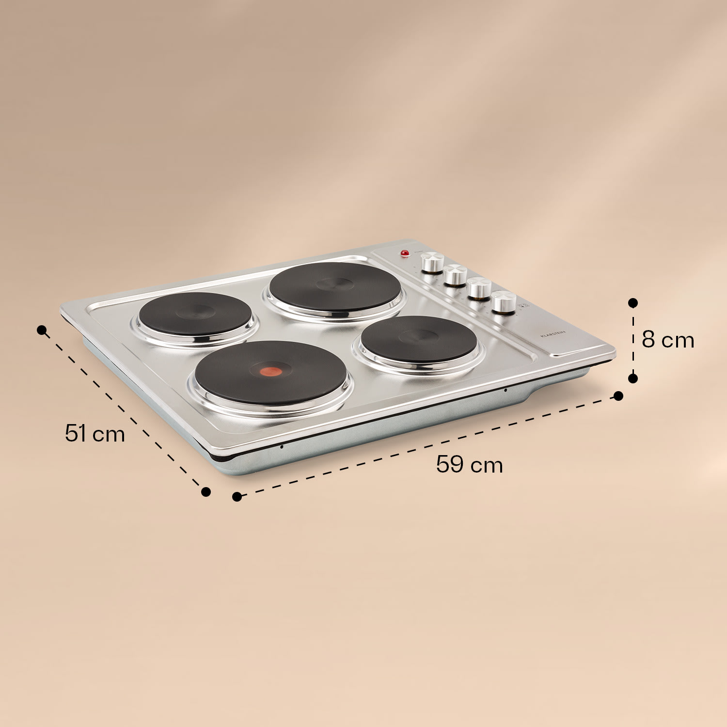 Una placa de cocina eléctrica plateada con cuatro zonas de cocción negras. Dimensiones: 59 cm x 51 cm x 8 cm. Fondo beige.