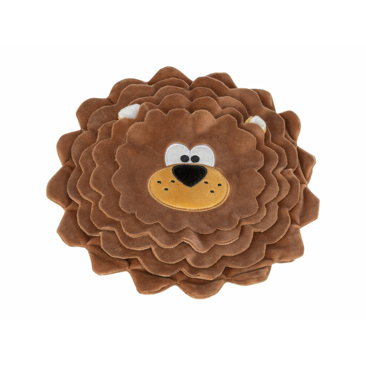 Una testa di leone di peluche con una criniera marrone e un viso con grandi occhi, naso nero e muso beige con punti neri.