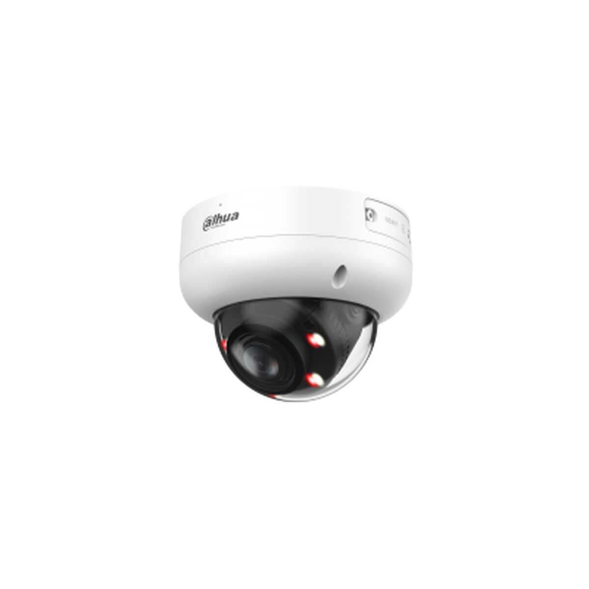 Una telecamera di sicurezza a cupola Dahua bianca con obiettivo nero e LED rossi, su sfondo bianco.