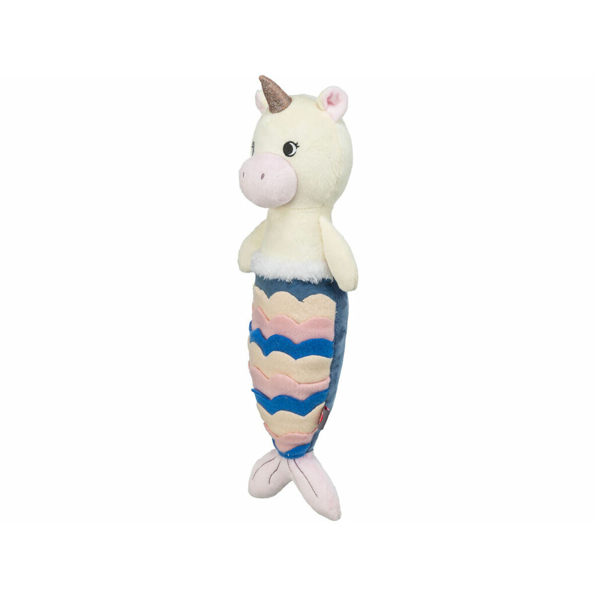 Un giocattolo di peluche, unicorno con coda da sirena. L'unicorno ha un corpo color crema, naso rosa e corno dorato.