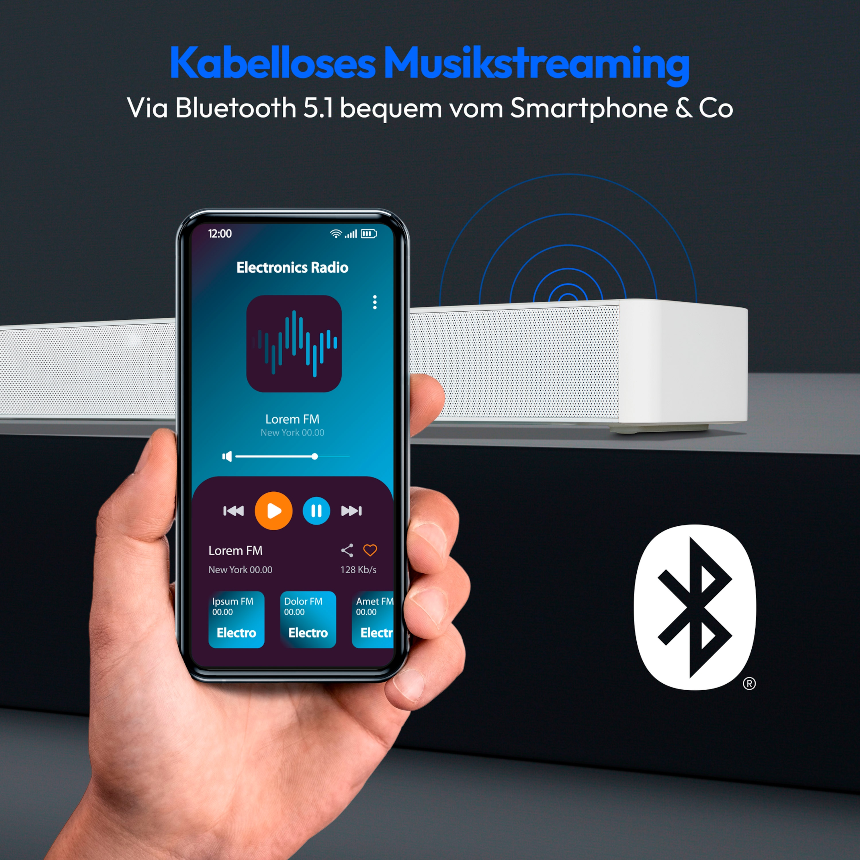 Eine Hand hält ein Telefon mit einer Musik-App. Ein weißer Lautsprecher und ein Bluetooth-Logo im Hintergrund.