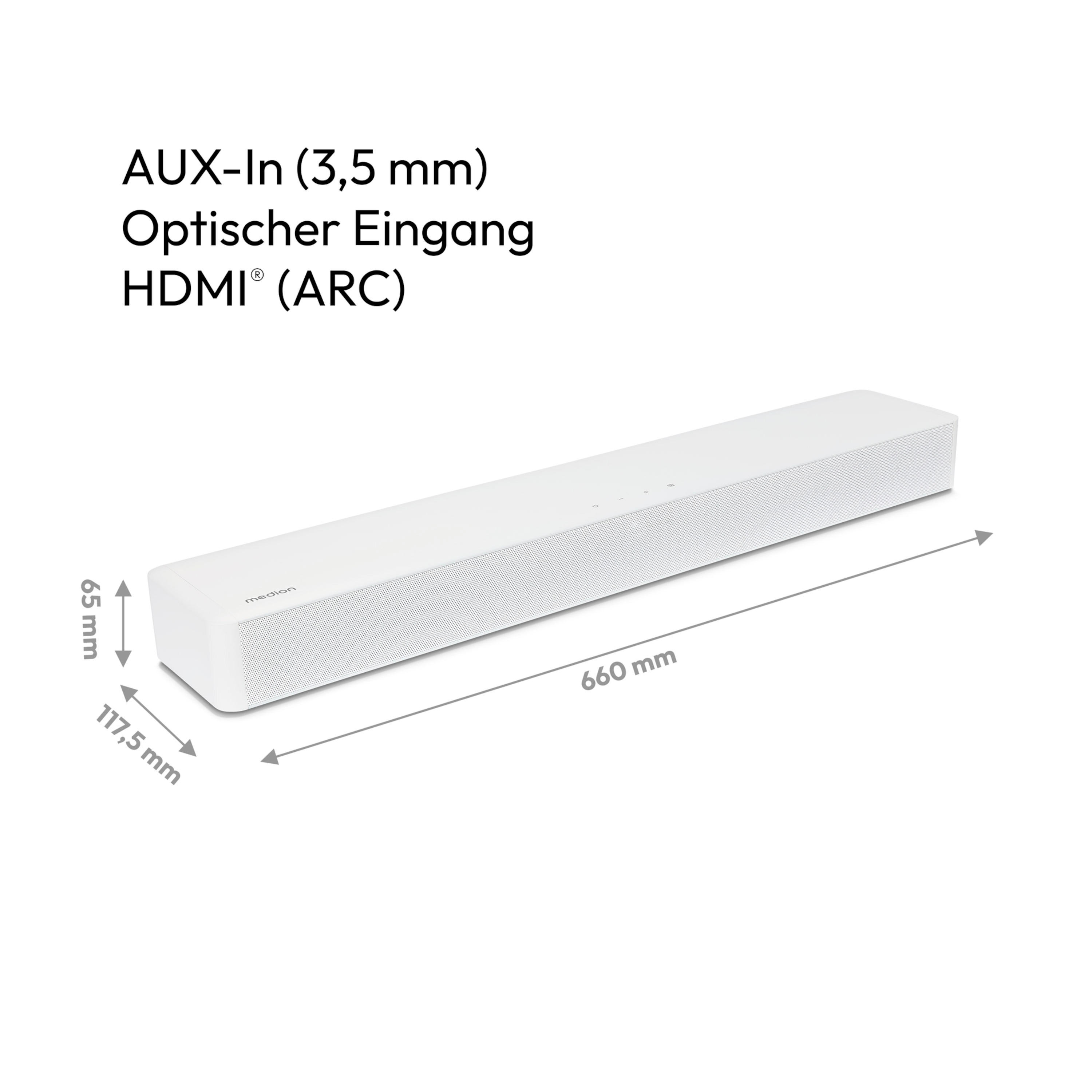 Eine weiße Soundbar mit Abmessungen. Textbezeichnungen: AUX-In, Optischer Eingang, HDMI. Die Soundbar ist mit 'medion' beschriftet.