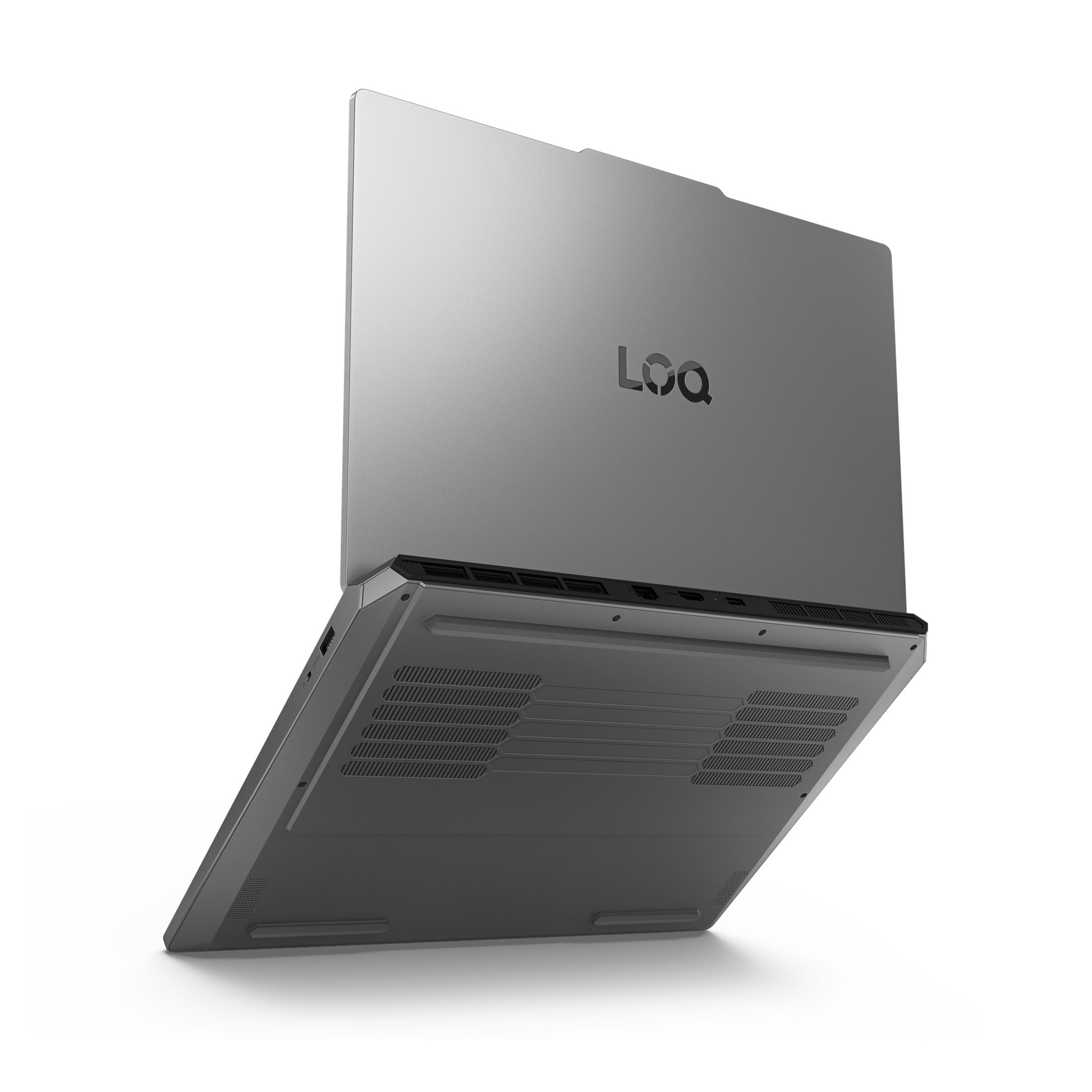 Ein grauer Laptop von hinten. Der Bildschirm ist geöffnet. Das Loq-Logo ist sichtbar.
