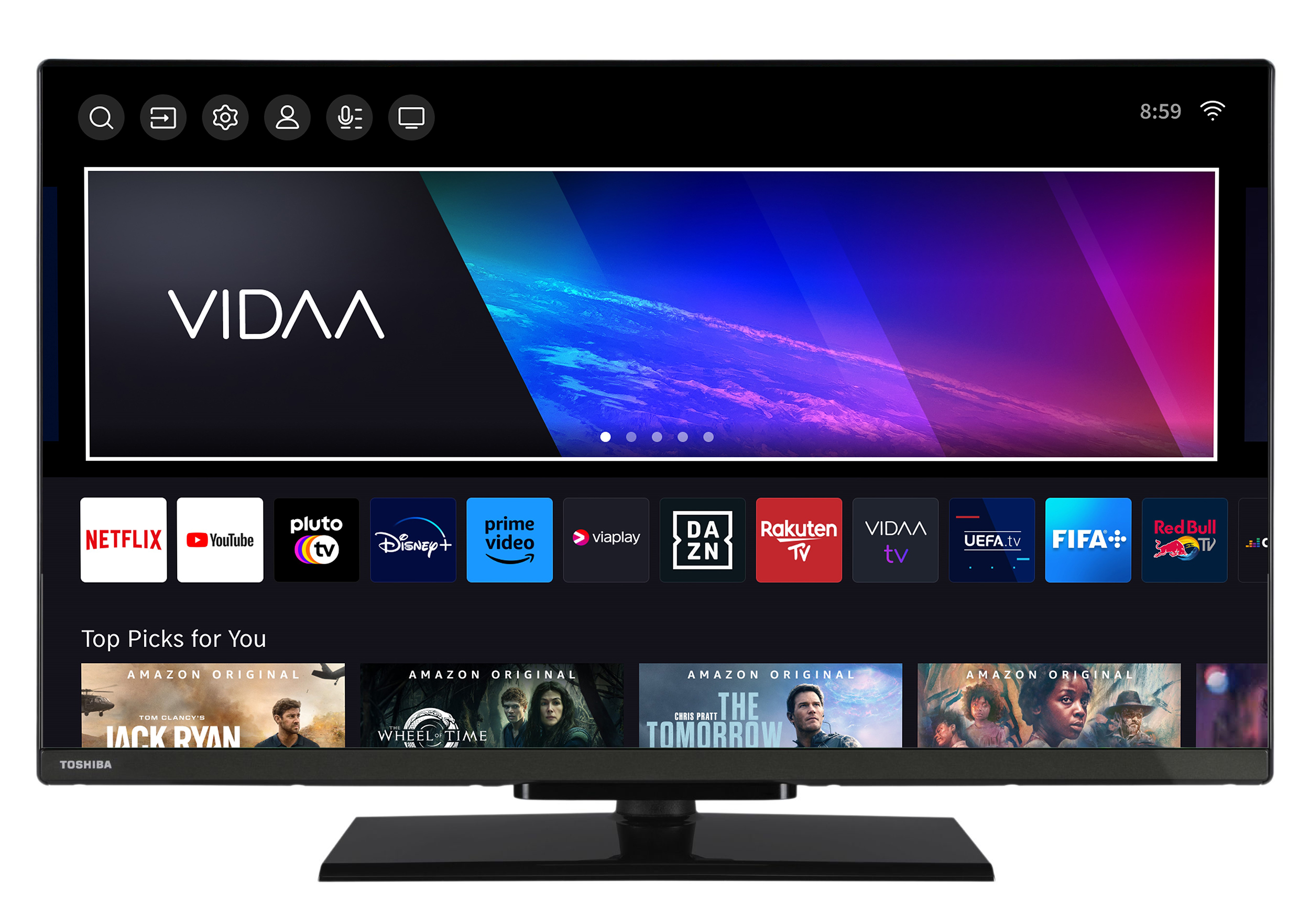 Ein schwarzer Toshiba-Fernseher zeigt die VIDAA-Oberfläche. Apps wie Netflix, YouTube und Amazon Prime sind sichtbar.