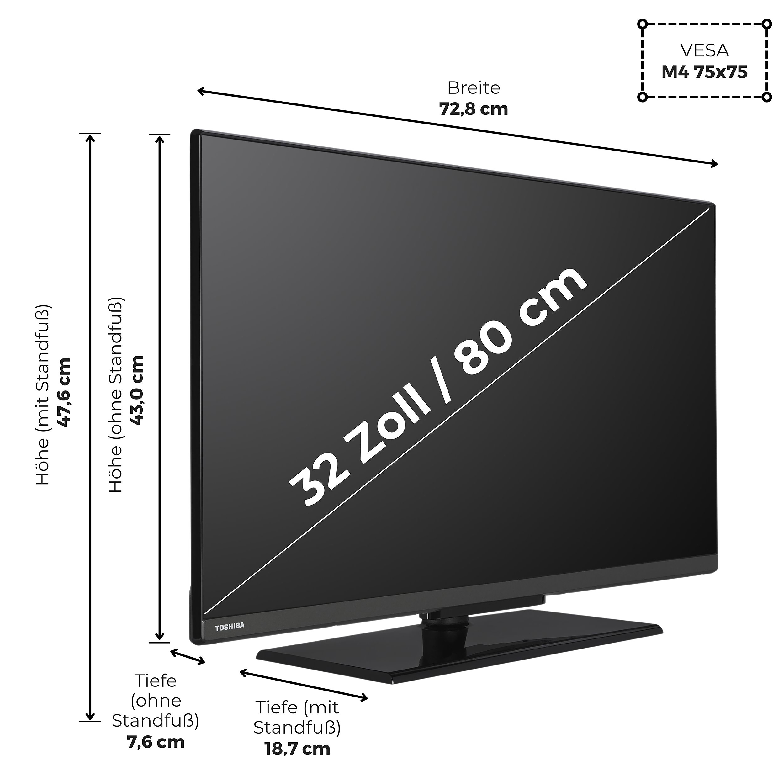 Ein schwarzer 32-Zoll-Fernseher von Toshiba mit Abmessungen und VESA-Details auf weißem Hintergrund.