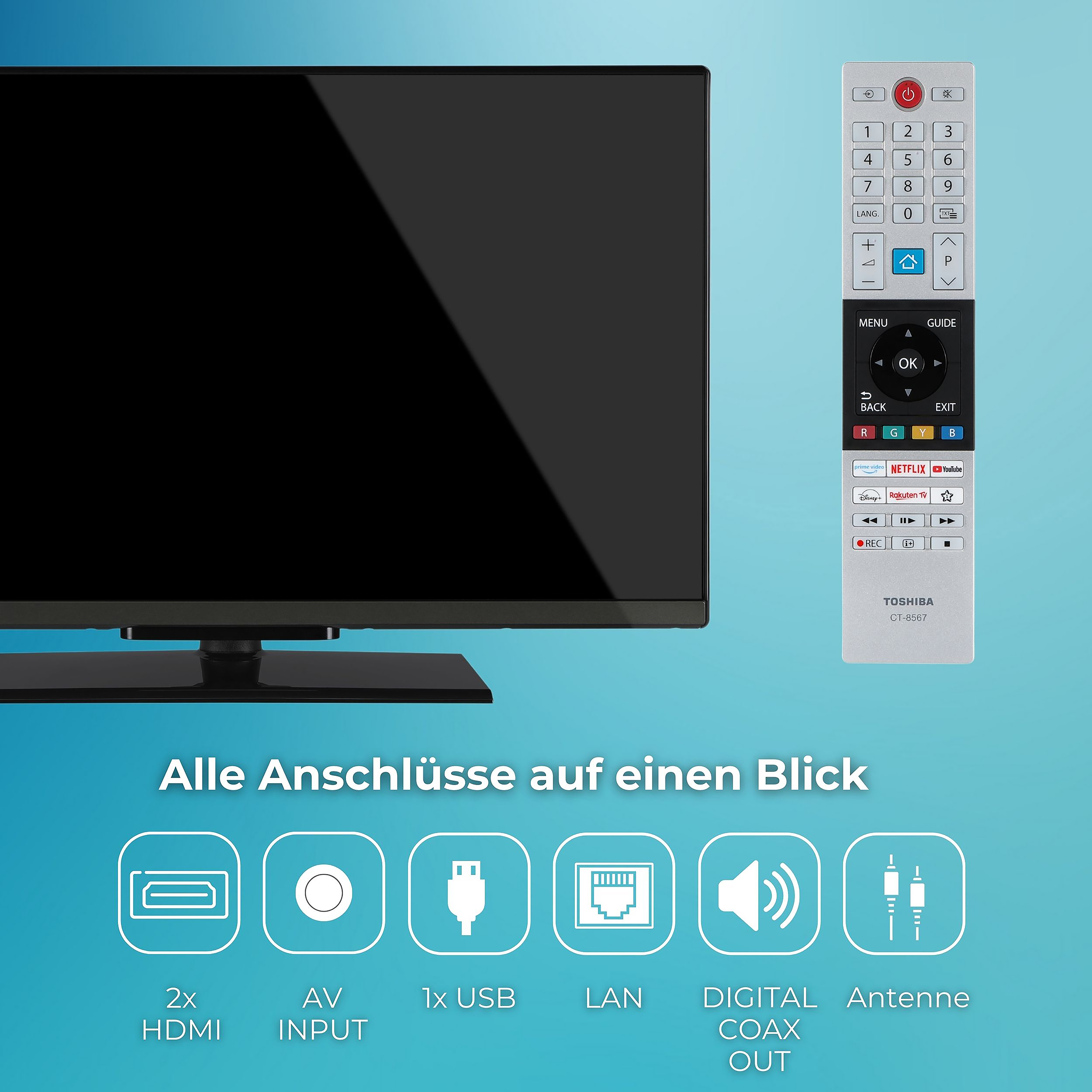 Ein Fernseher mit Fernbedienung. Die Fernbedienung hat Knöpfe. Unten sind Anschlusstypen: HDMI, USB, LAN und Antenne.