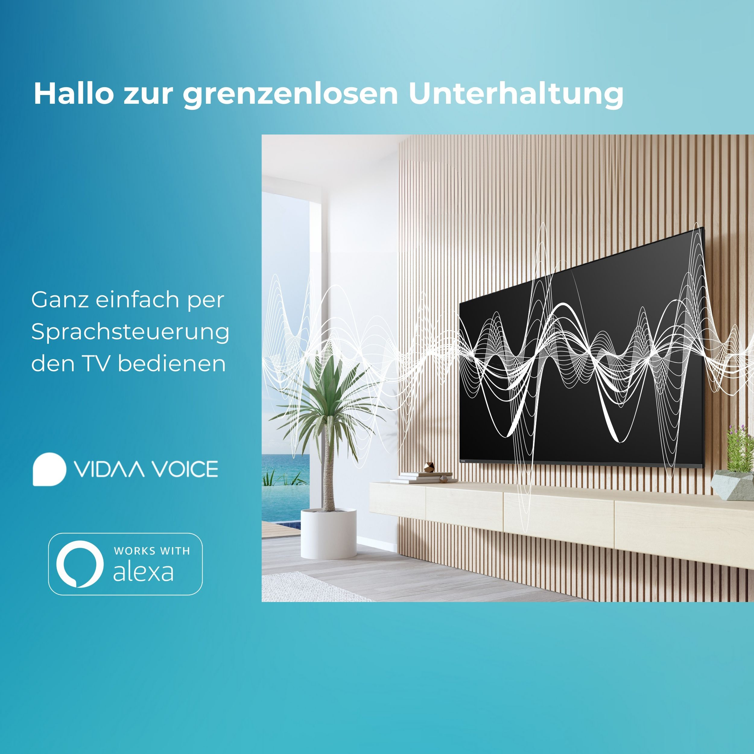 Ein modernes Wohnzimmer mit Fernseher, Pflanze und Holzwand. Text: 'Hallo zur grenzenlosen Unterhaltung'.