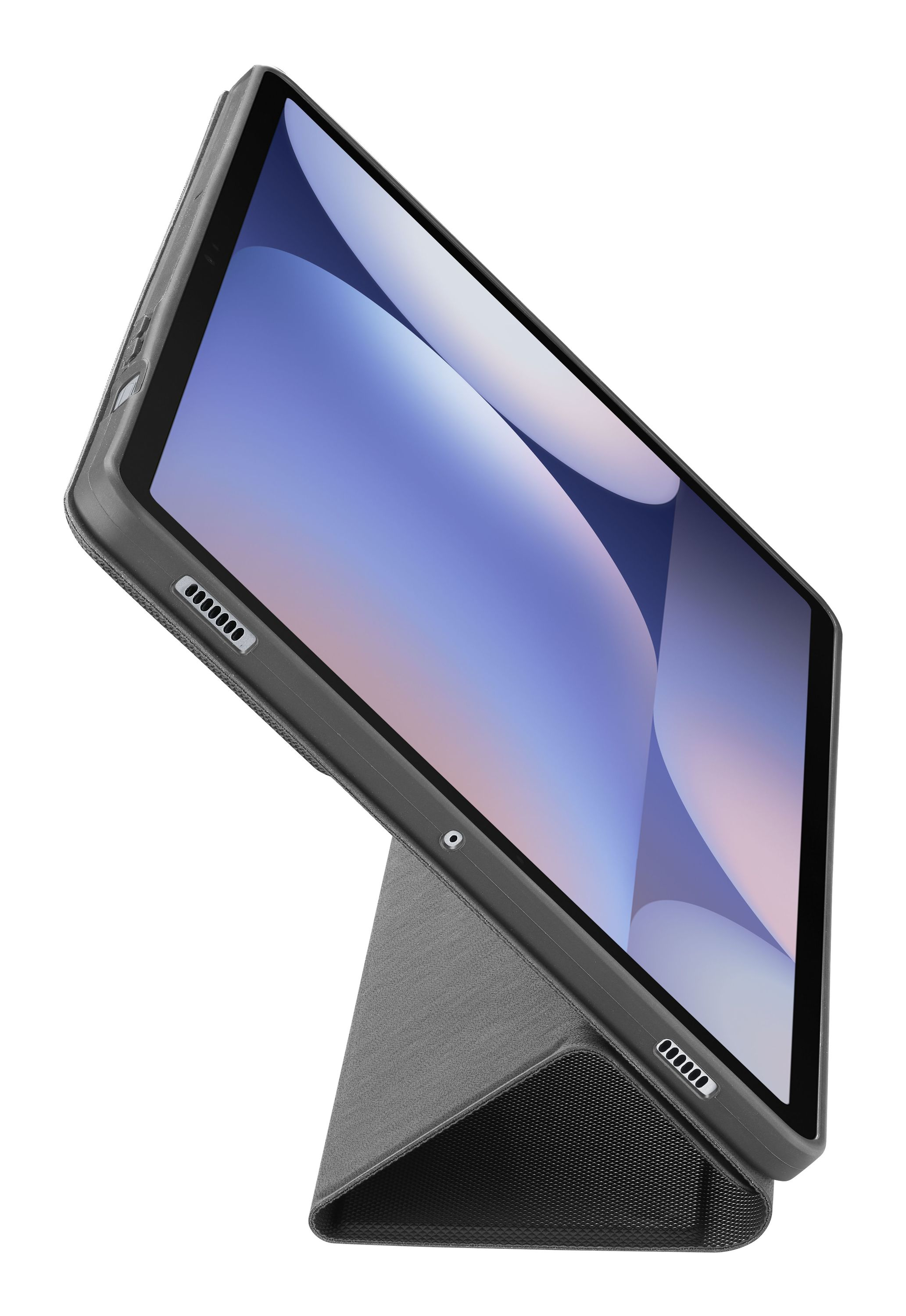 Tablet in una custodia grigio scuro, puntellato. Lo schermo mostra un design astratto blu e bianco. Sfondo bianco.
