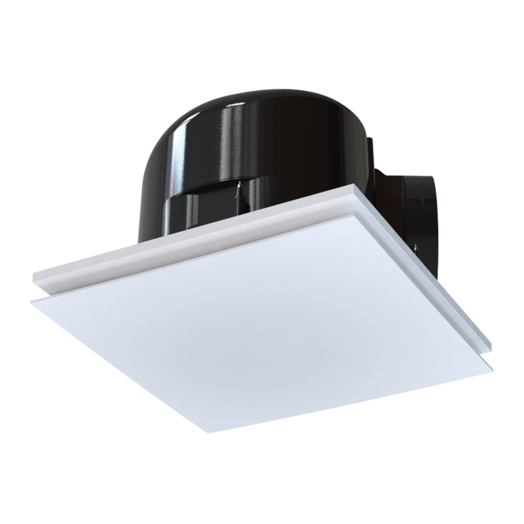 Ein weißer Deckenventilator mit schwarzem Motorgehäuse. Der Ventilator hat eine quadratische, weiße Front.