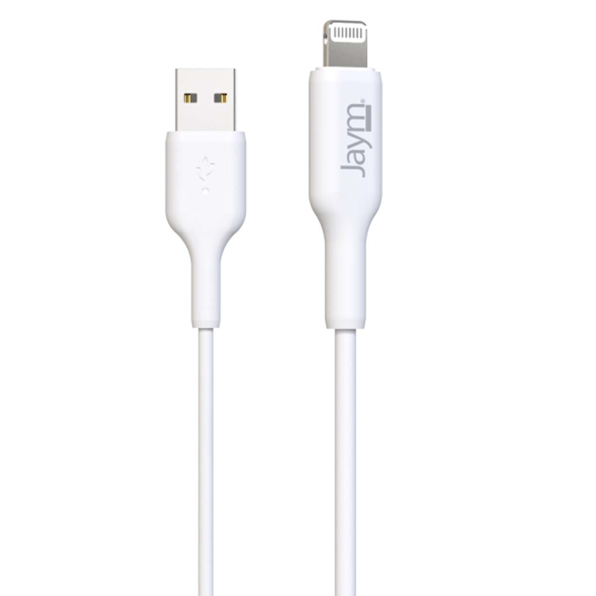 Un cavo da USB a Lightning bianco. Sul connettore Lightning è stampato 'Jaym'. Il connettore USB è a sinistra.