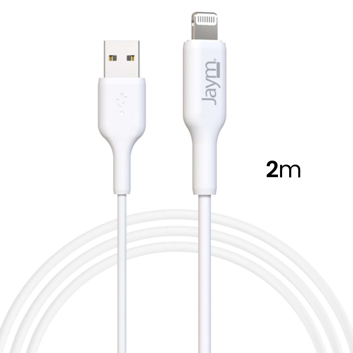 Un cavo di ricarica bianco con connettore USB e Lightning. Il cavo è lungo 2 metri e ha il marchio 'Jaym'.