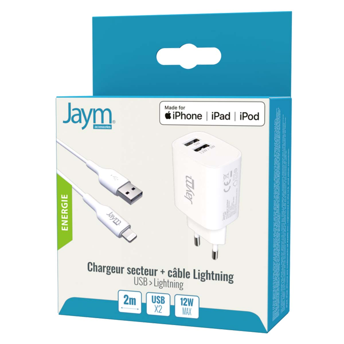 Una scatola bianca e blu con caricabatterie e cavo. La scatola dice 'Jaym' e 'iPhone | iPad | iPod'. Il caricabatterie ha due porte USB.