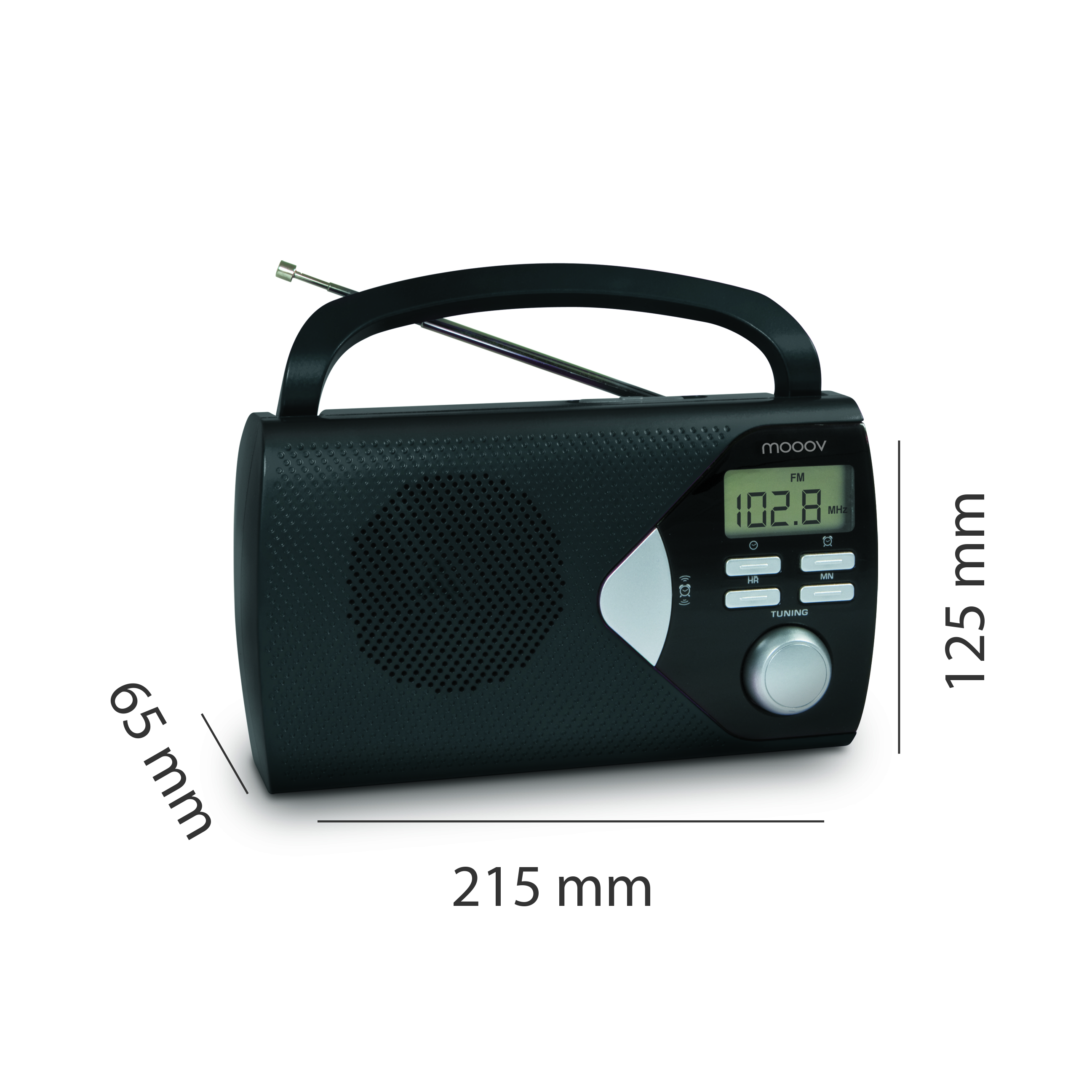 Czarny radioodbiornik z uchwytem, podane wymiary. Ekran pokazuje 102,8 MHz. Antena jest wysunięta. Logo mooov.