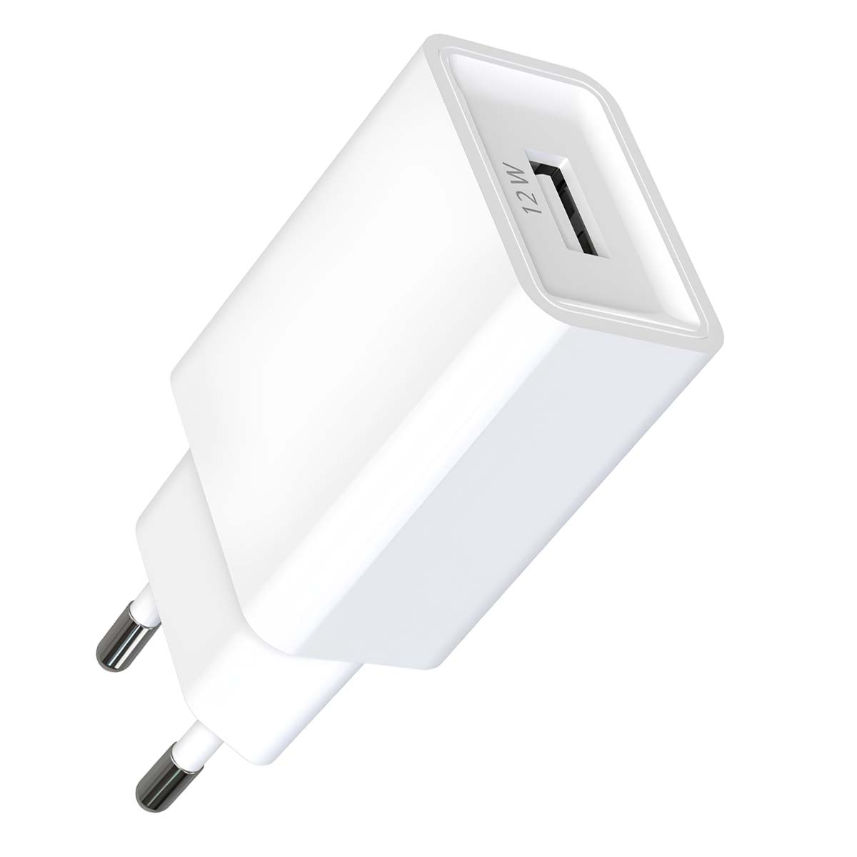 Un caricabatterie da parete bianco con una porta USB. Ha due perni metallici e la scritta '12W'.