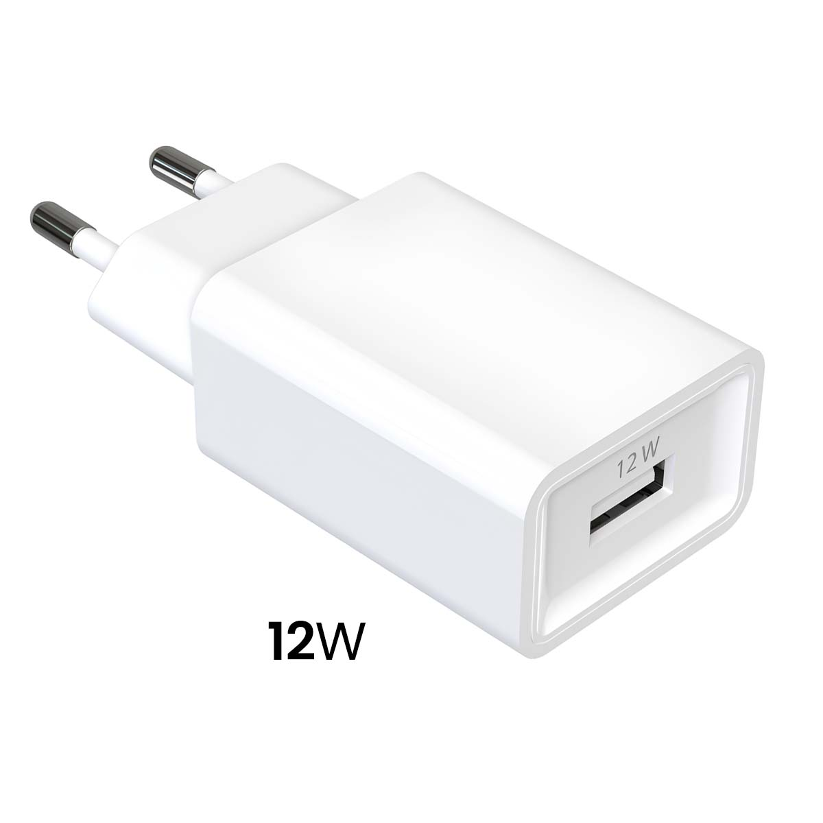 Un caricatore USB bianco da 12W su sfondo bianco. Ha due spine e una porta USB. Il testo '12W' è stampato sopra.