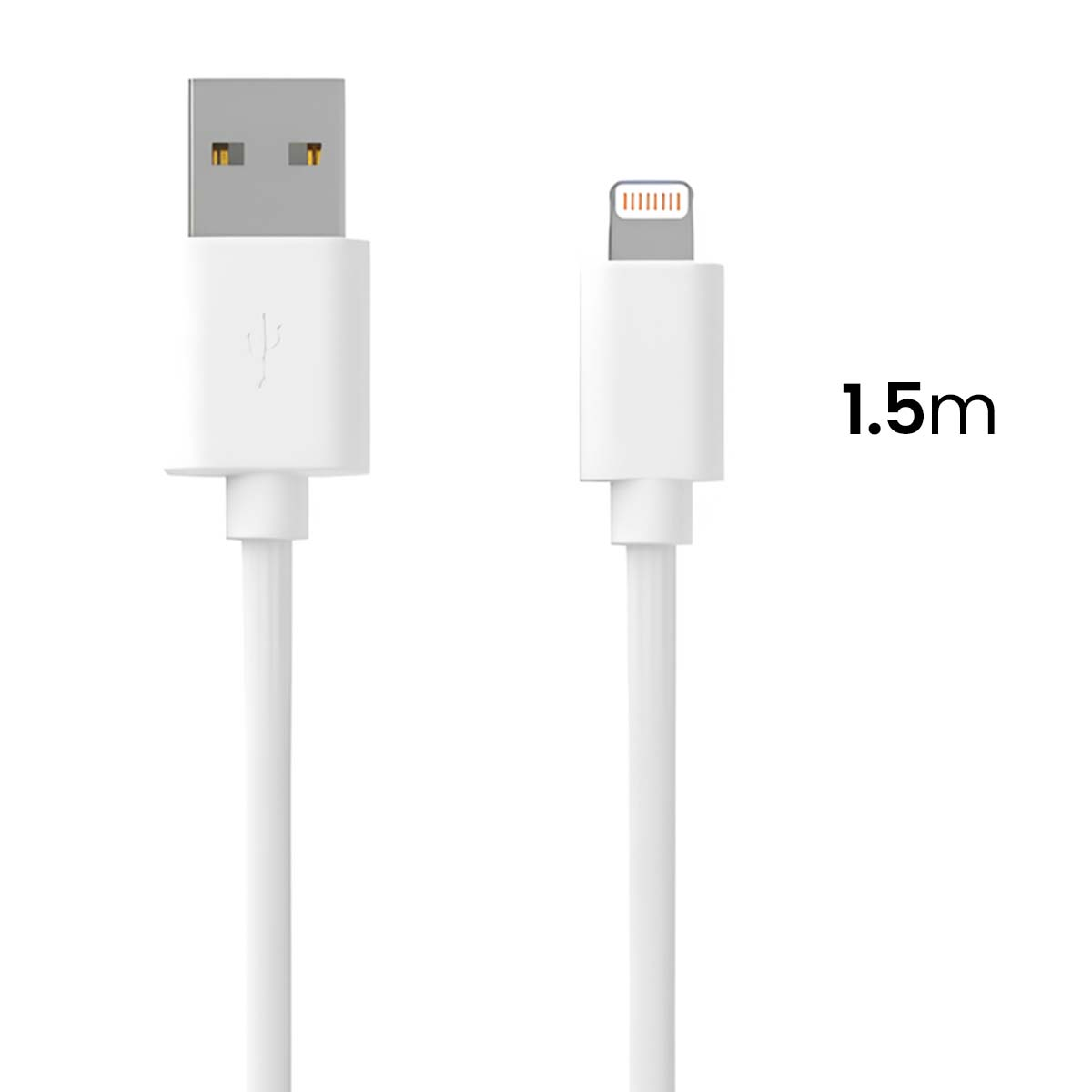 Cavo da USB a Lightning bianco. Estremità USB a sinistra, Lightning a destra. Testo 1,5 m in nero.