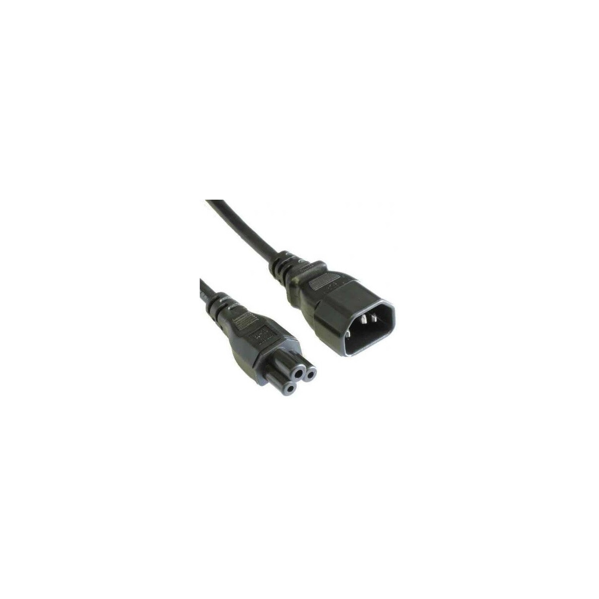 Ein schwarzes Netzkabel mit einem dreipoligen Stecker an einem Ende und einem dreipoligen Anschluss am anderen. Weißer Hintergrund.