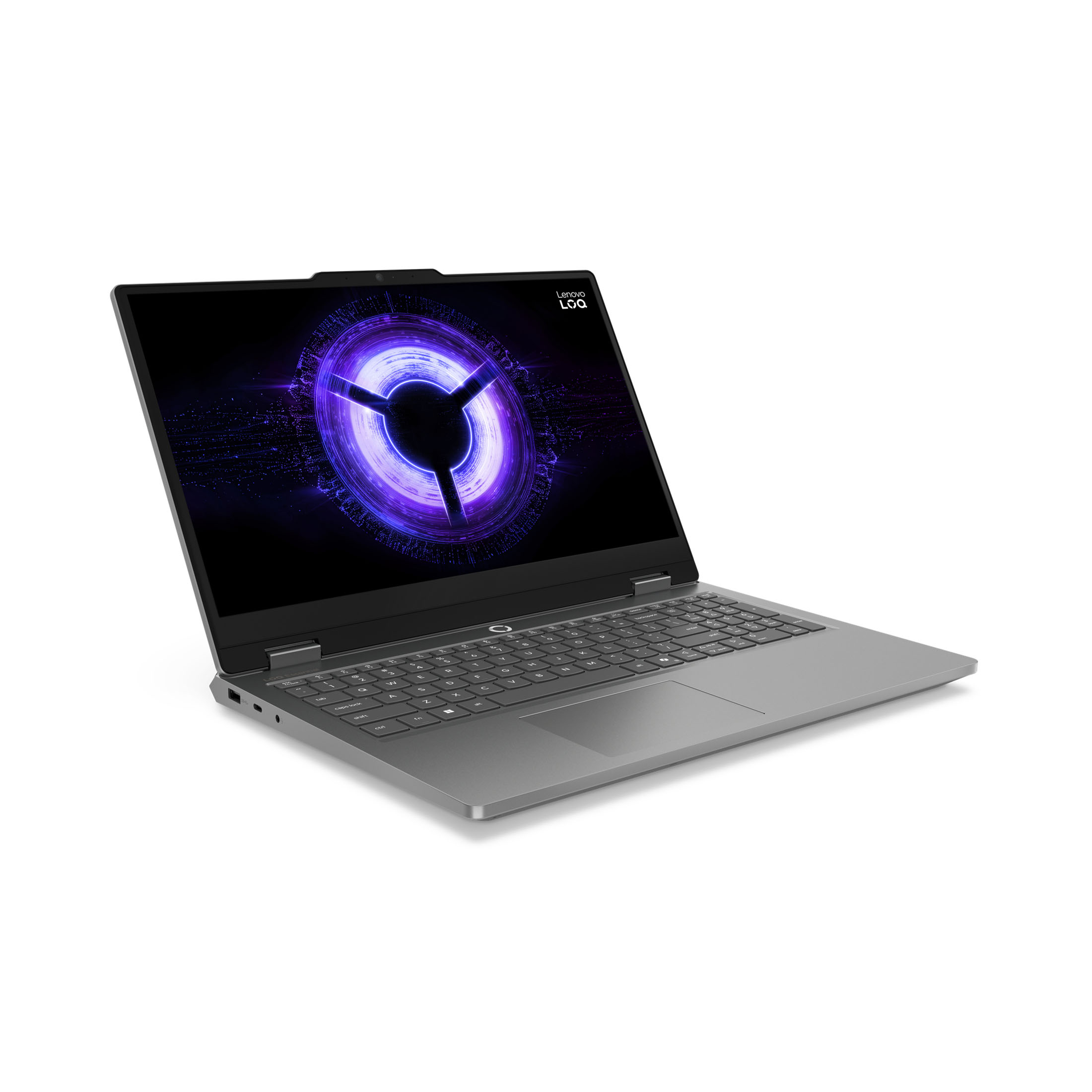 Ein grauer Lenovo LOQ-Laptop ist geöffnet. Der Bildschirm zeigt eine lila-blaue Grafik. Die Tastatur ist sichtbar.
