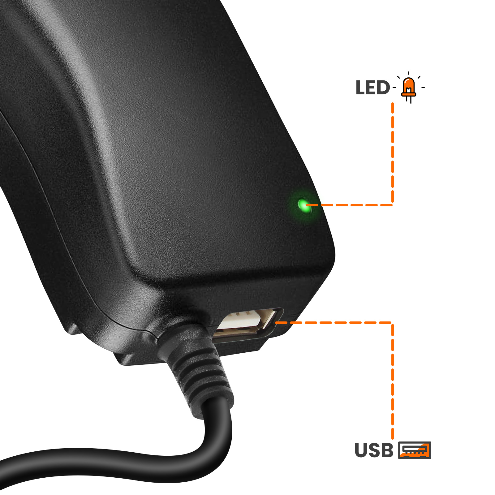 Adattatore di alimentazione nero con porta USB, indicatore LED verde e cavo di alimentazione. Etichette indicano LED e USB.