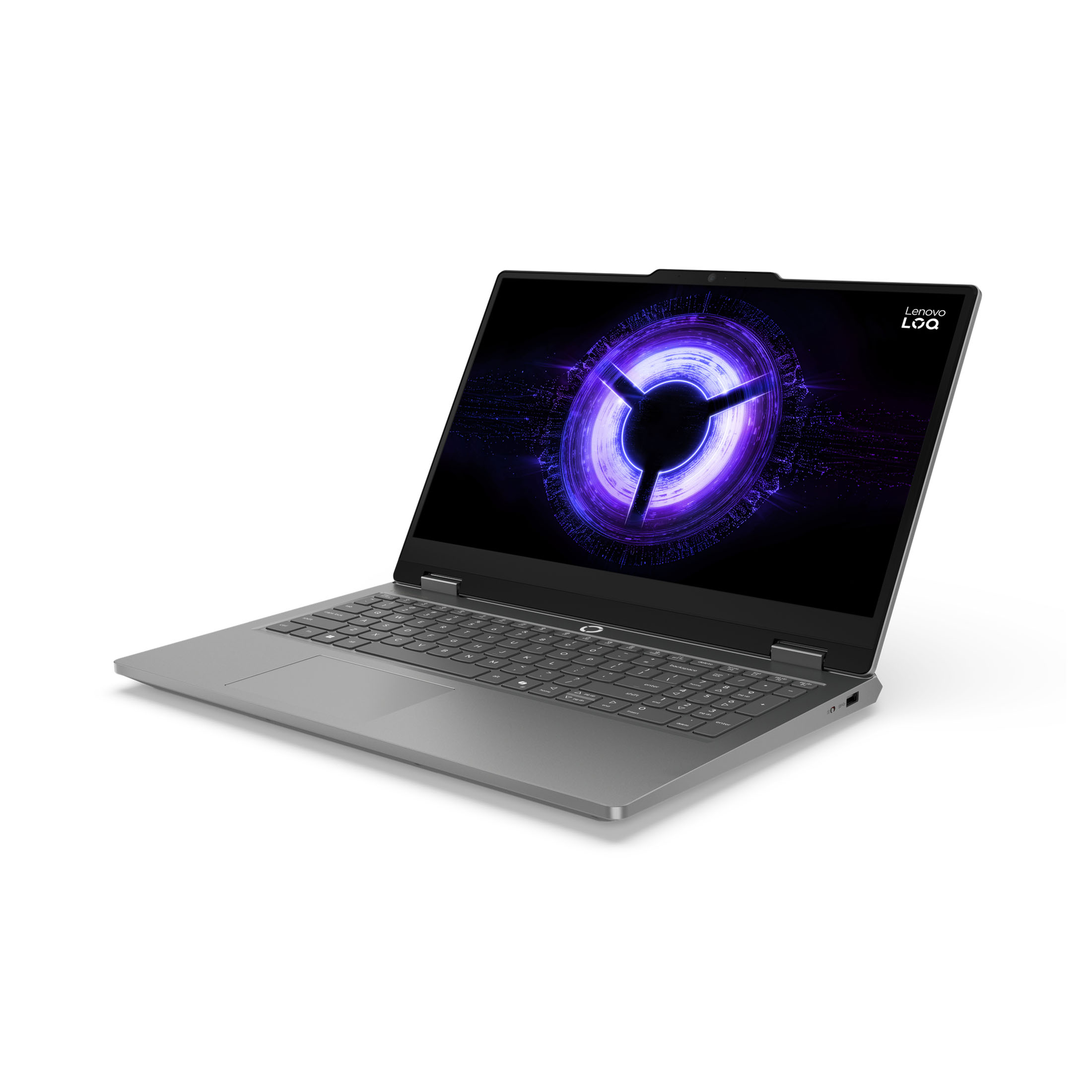 Ein grauer Lenovo-Laptop ist geöffnet und zeigt eine violette Tech-Grafik auf dem Bildschirm. Der Laptop steht auf einer weißen Oberfläche.