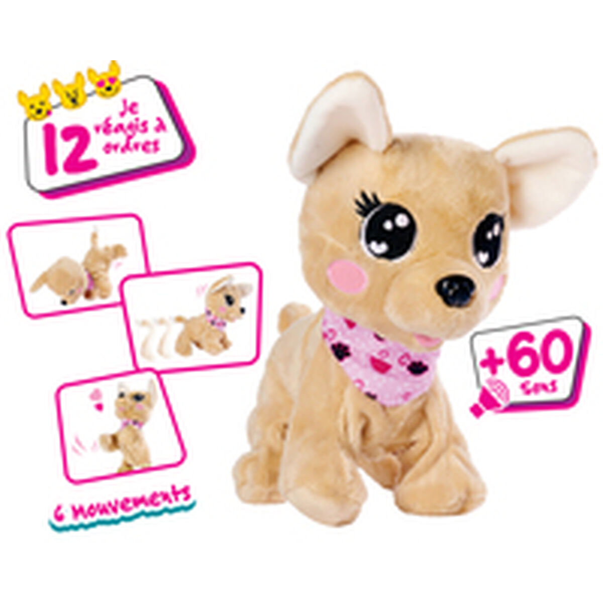 Un chien en peluche avec de grands yeux et un bandana rose. Il y a des bulles de texte avec des fonctionnalités et des actions.