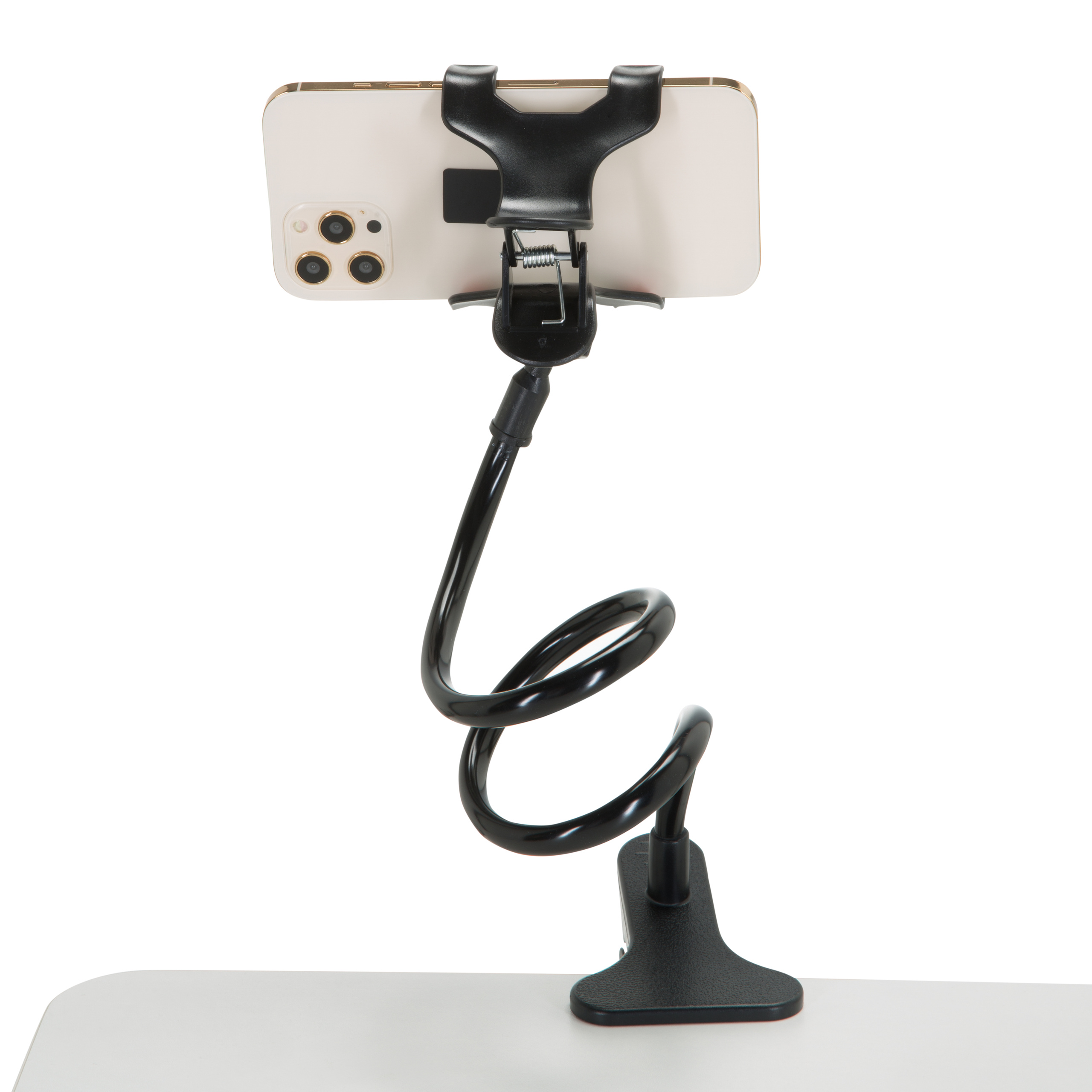 Ein Telefon wird von einem schwarzen, flexiblen Ständer gehalten. Das Telefon ist weiß mit schwarzen Kameras. Der Ständer steht auf einer weißen Oberfläche.