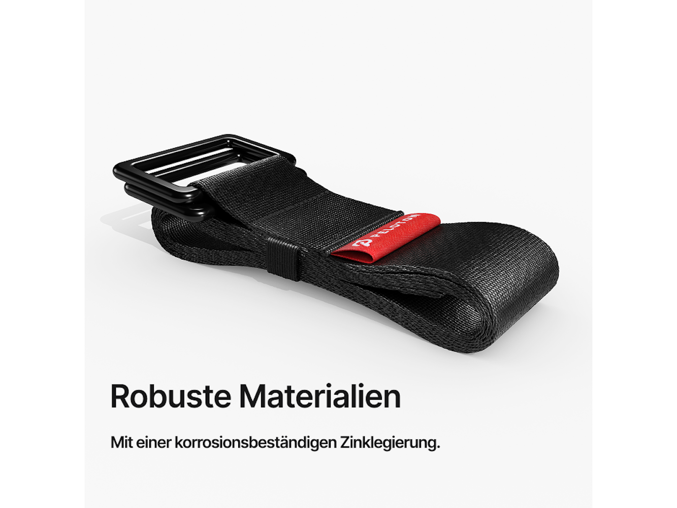 Schwarzer Gurt mit Metallschnalle und rotem Etikett. Text: 'Robuste Materialien'. Hintergrund weiß.