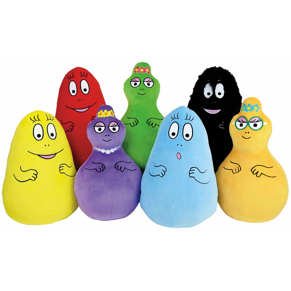 Sieben bunte Barbapapa-Plüschtiere stehen vor einem weißen Hintergrund. Sie sind in verschiedenen Farben, mit unterschiedlichen Accessoires und Ausdrücken.