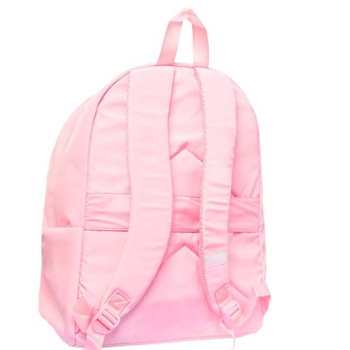 Uno zaino rosa è mostrato da dietro. Sono visibili gli spallacci, la maniglia e il retro. Lo sfondo è bianco.