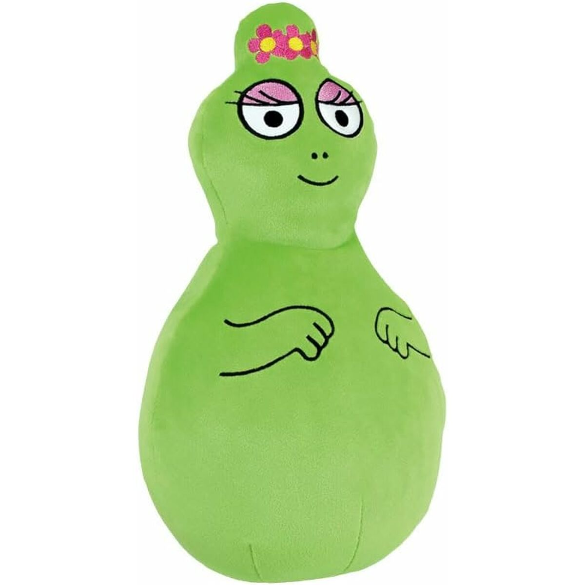 Ein grünes Plüschtier in Birnenform mit einem Kopf, der einen Blumenkranz trägt, großen Augen, einem Lächeln und Händen.