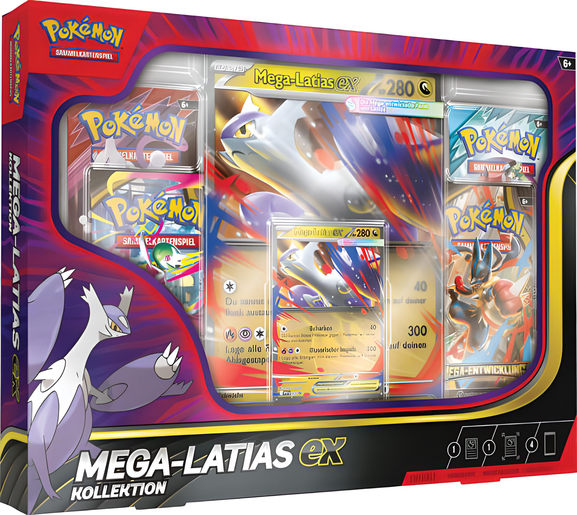 Eine Pokémon Mega-Latias EX-Sammelbox. Enthält Pokémon-Karten und Charakterkunst. Enthält Text und Logos.