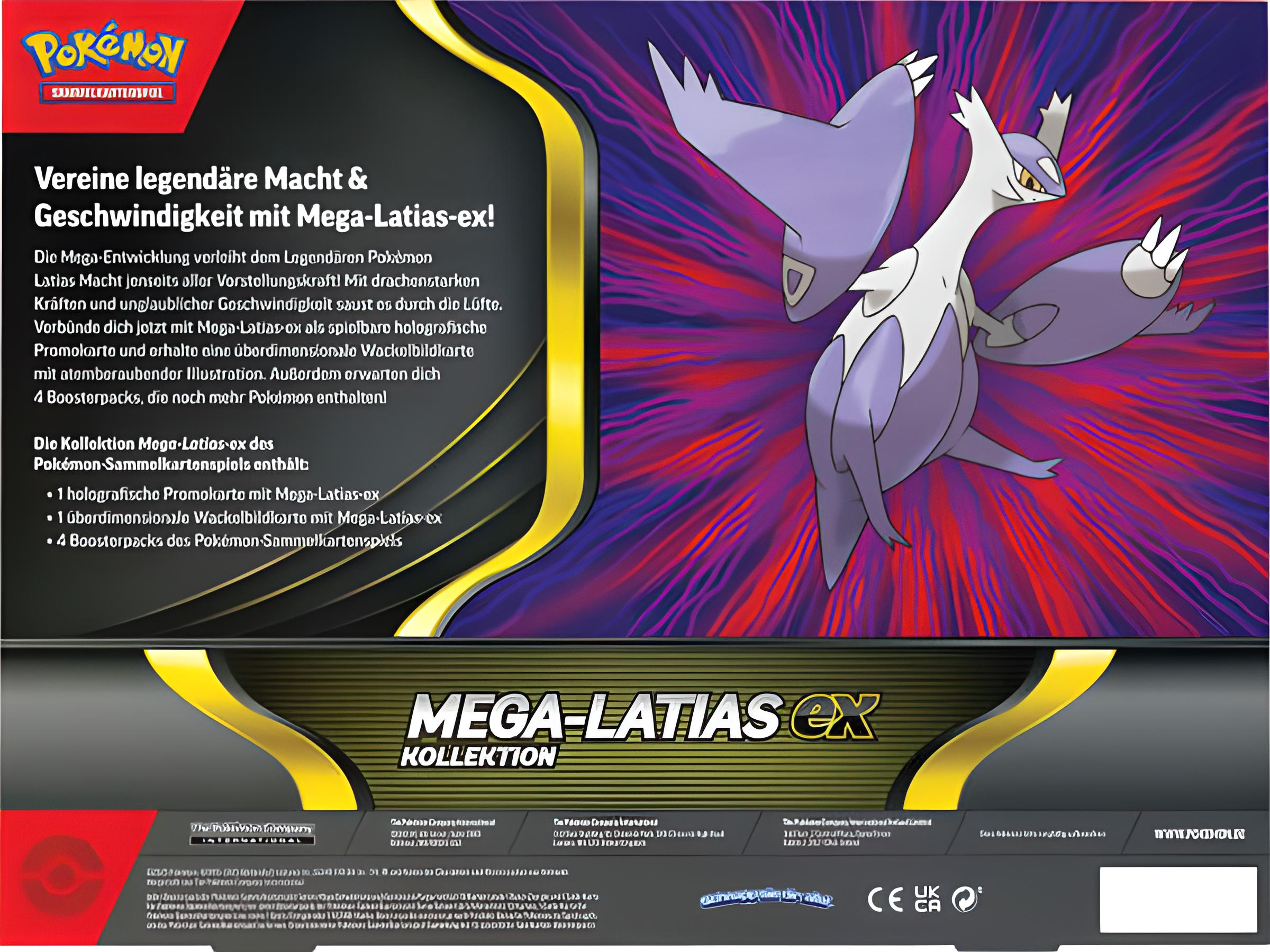 Eine Pokémon-Kartenbox mit Mega-Latias-ex. Die Box hat ein lila-weißes Pokémon und Text in mehreren Sprachen.