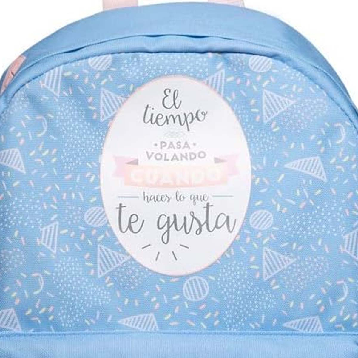 Zaino blu con testo 'El tiempo pasa volando cuando haces lo que te gusta' in ovale bianco.