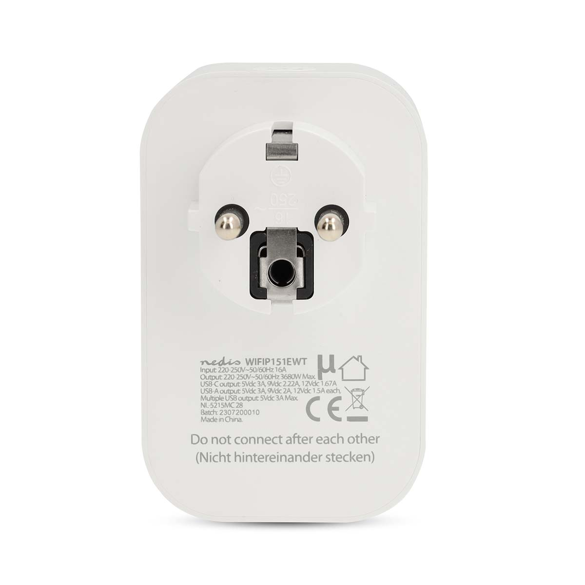 Adattatore di alimentazione bianco con spina europea. Testo: 'nedis WIFIP151EWT' e specifiche tecniche.