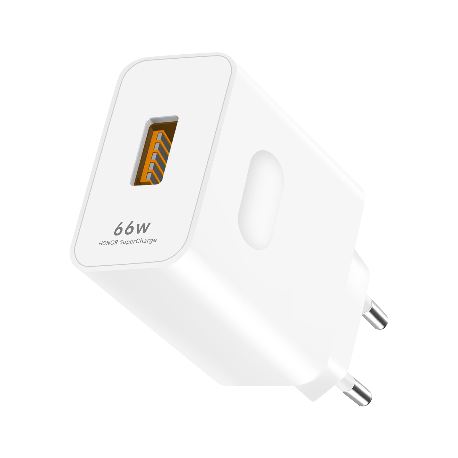 Un cargador HONOR 66W SuperCharge blanco. Tiene un puerto USB-A y dos clavijas para el enchufe.