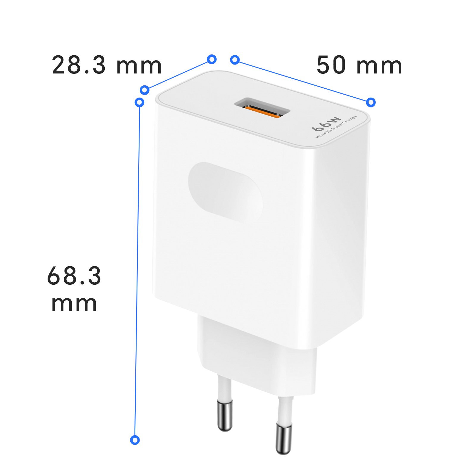 Cargador blanco de 66W con dimensiones etiquetadas. Tiene un puerto USB-C y dos clavijas. Medidas: 28,3 mm, 50 mm, 68,3 mm.