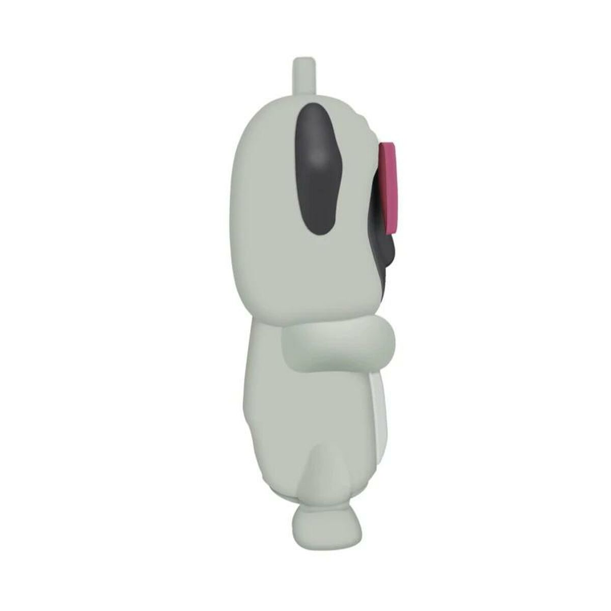 Una figura 3D simile a un cartone animato, grigia con dettagli neri e rosa. Ha un corpo arrotondato, una piccola coda e un occhio nero.