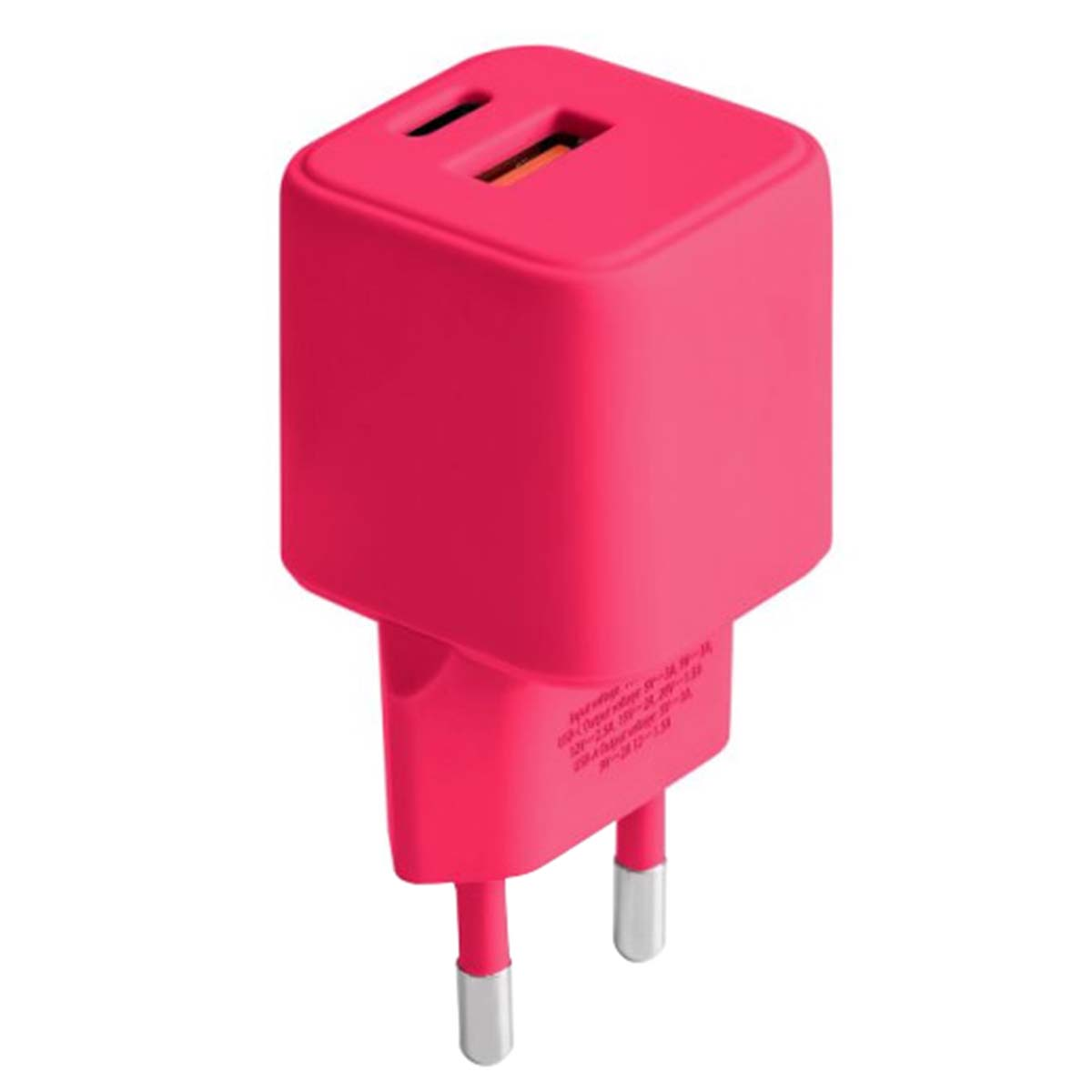 Un chargeur USB rose vif et carré avec deux ports en haut et deux broches argentées. Le chargeur est isolé sur fond blanc.