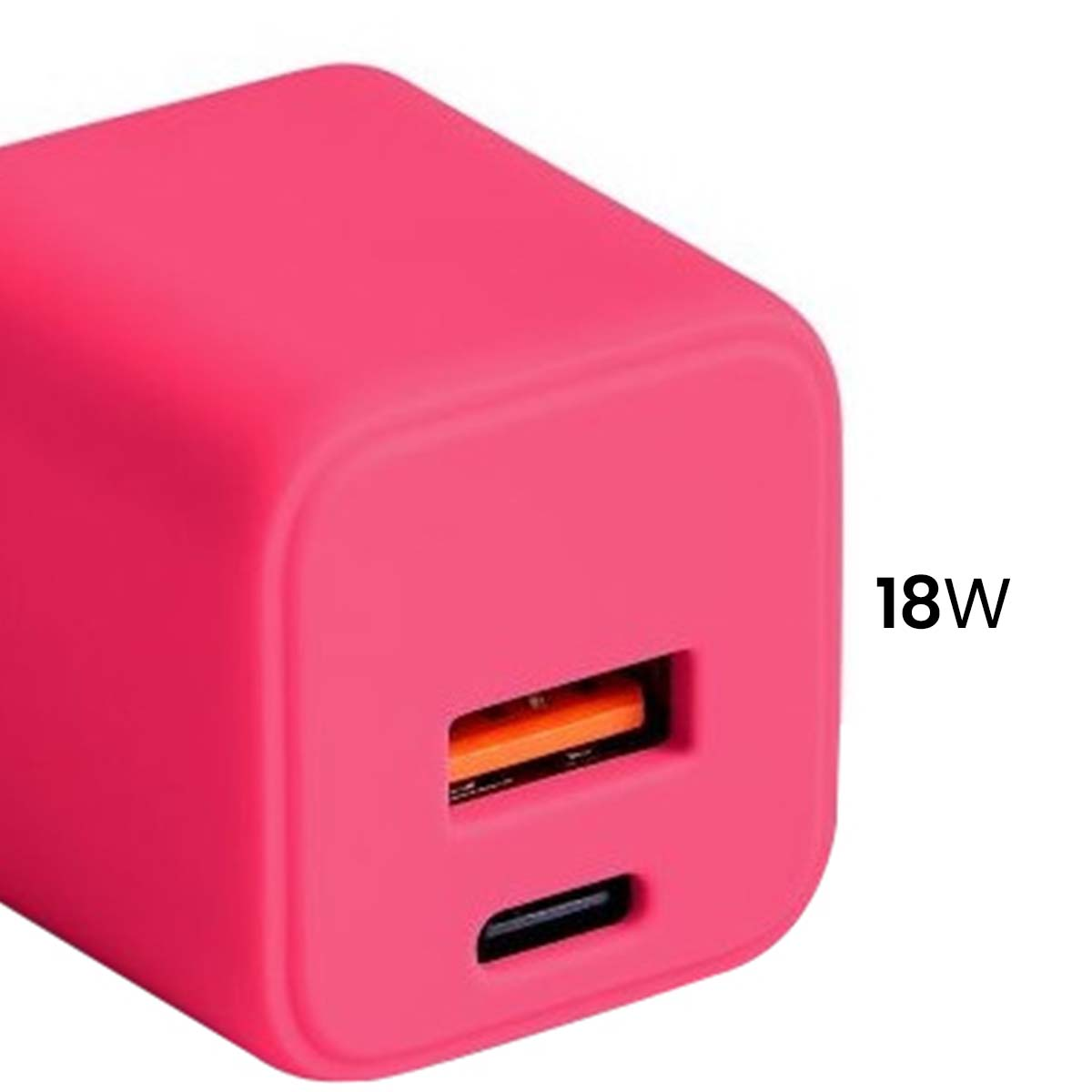 Un chargeur rose de 18W avec deux ports. Le port supérieur est orange à l'intérieur. Le chargeur est sur fond blanc.