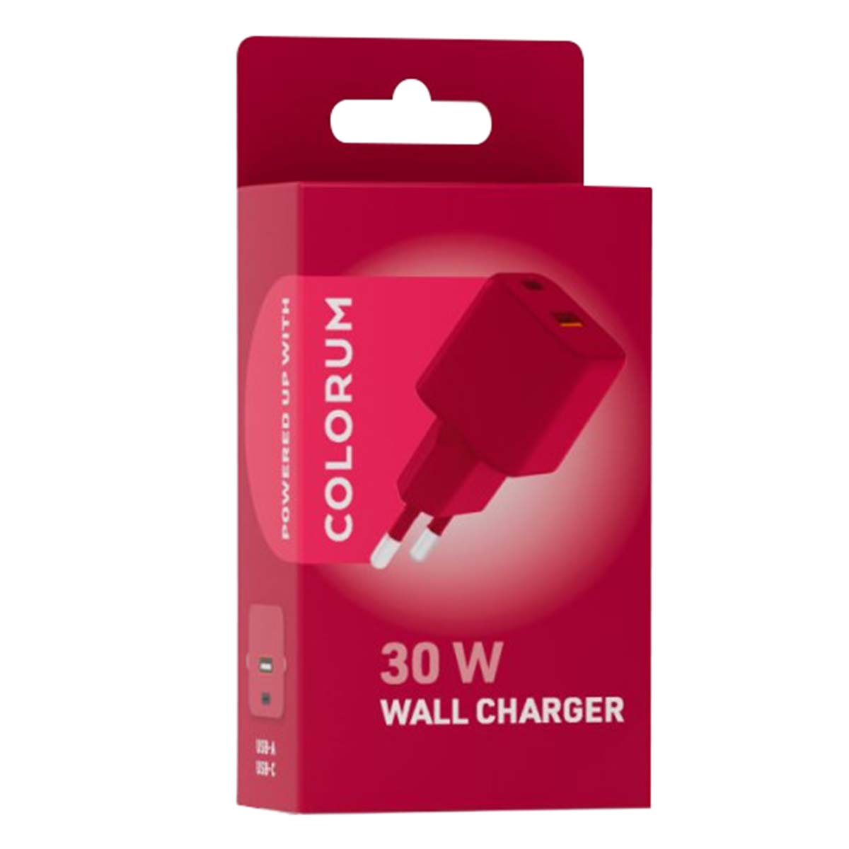 Un chargeur mural Colorum 30W rouge est dans sa boîte. La boîte est rouge et comporte du texte blanc. Le chargeur est présenté sur fond blanc.