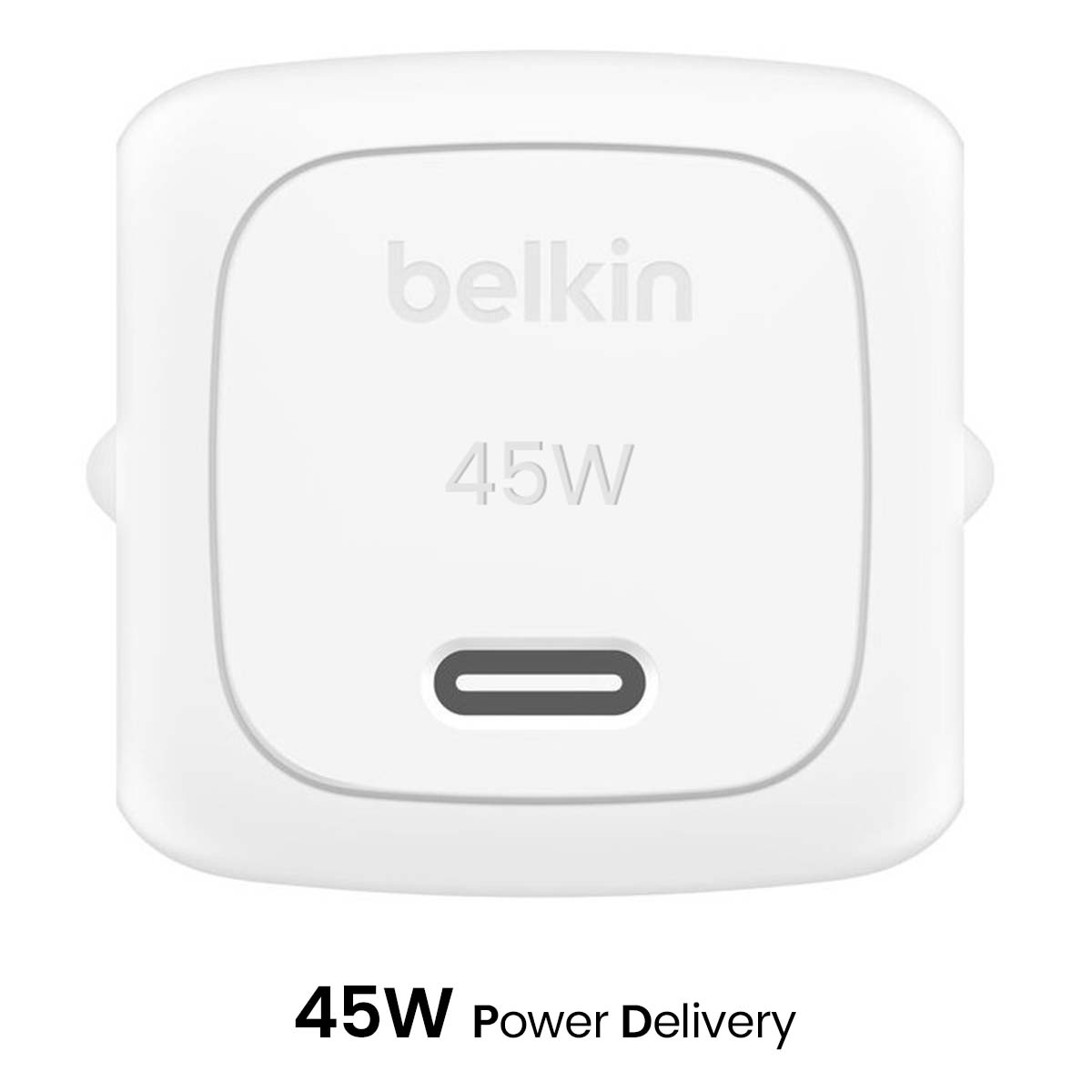 Adattatore di alimentazione Belkin 45W bianco. Presenta una porta USB-C e la scritta '45W Power Delivery'.