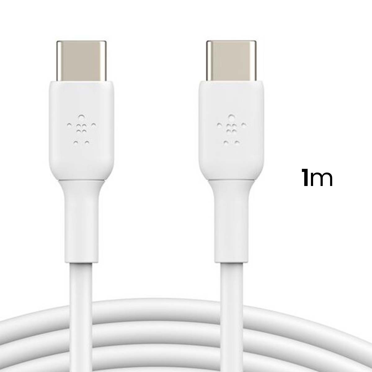 Due cavi USB-C bianchi. I connettori sono argentati. I cavi sono disposti a forma di otto. Il testo 1m è visibile.