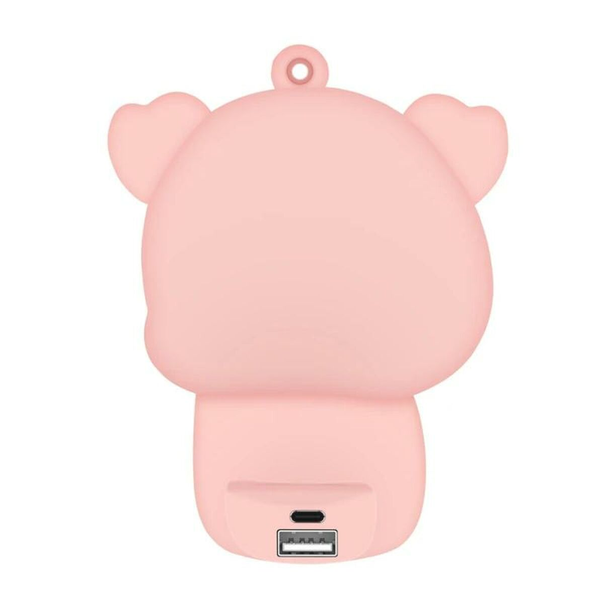 Un caricabatterie portatile rosa a forma di orso. Ha una porta USB e un piccolo anello in alto. Il design è liscio e arrotondato.